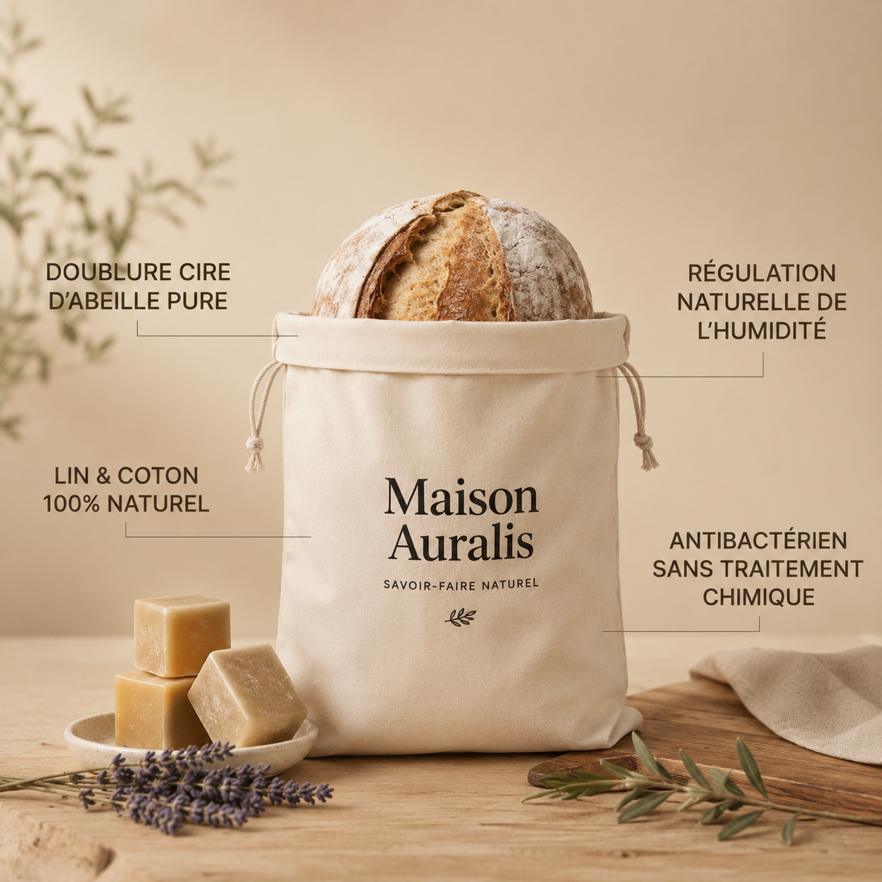 Sac à Pain en Cire d'Abeille Maison Auralis — Format 30 x 40 cm
